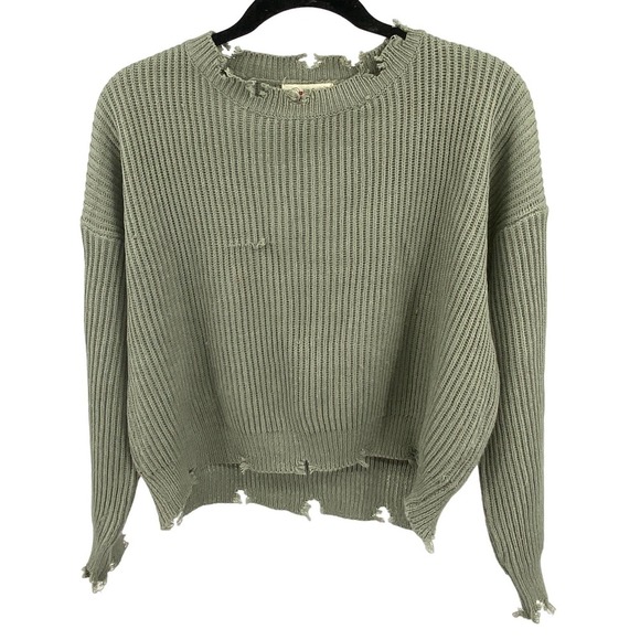 Poof! Sweaters - Poof Apparel Womens Light Green Sage Crew neck Distressed Sweater Size Small